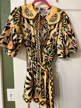 Anthropologie Yellow Floral Tie-Waist Mini Dress